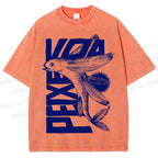 Unisex Funny Fish Printed Washed Tee