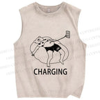 Unisex Lazy Bear Charging Printed Washed Tank Top
