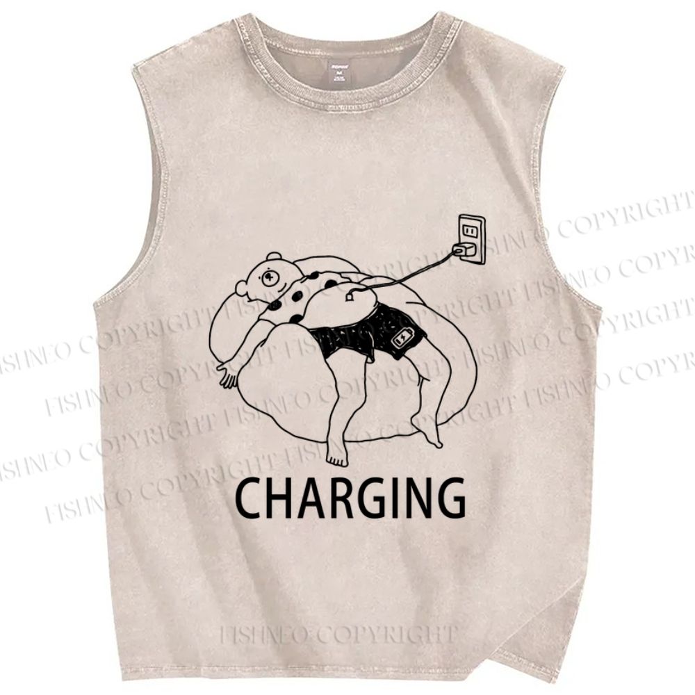 Unisex Lazy Bear Charging Printed Washed Tank Top