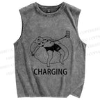 Unisex Lazy Bear Charging Printed Washed Tank Top