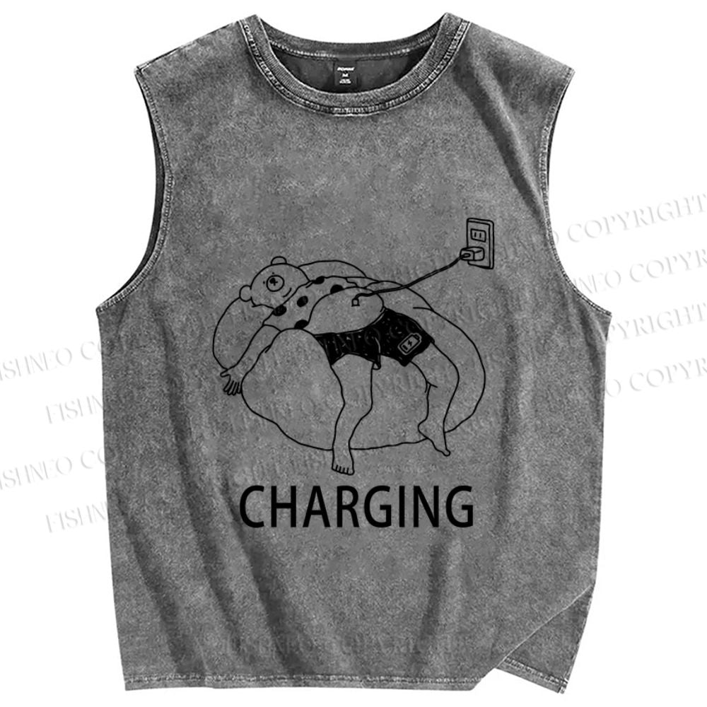 Unisex Lazy Bear Charging Printed Washed Tank Top