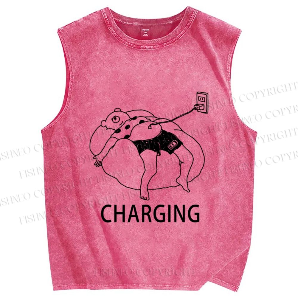 Unisex Lazy Bear Charging Printed Washed Tank Top