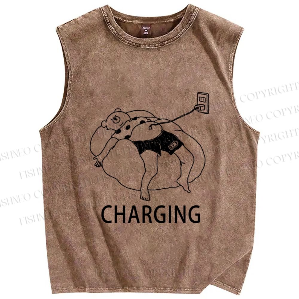 Unisex Lazy Bear Charging Printed Washed Tank Top