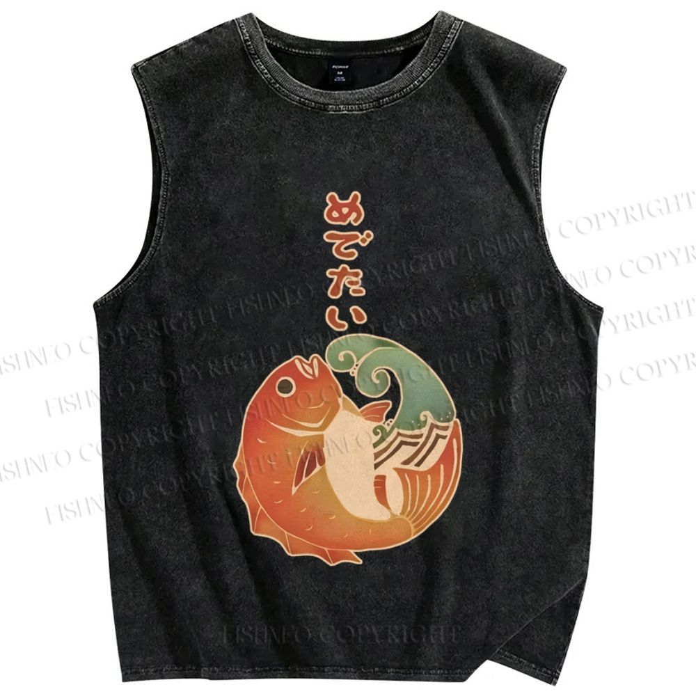 Unisex Vintage Japanese Koi Fish Printed Washed Tank Top