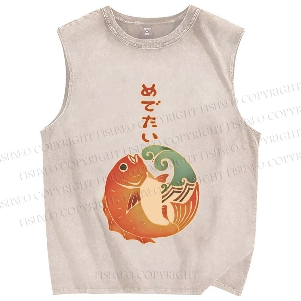 Unisex Vintage Japanese Koi Fish Printed Washed Tank Top