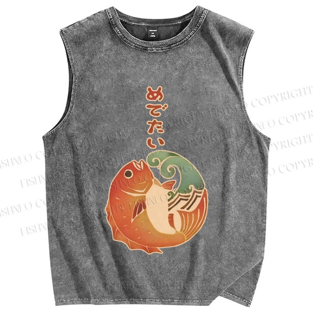 Unisex Vintage Japanese Koi Fish Printed Washed Tank Top