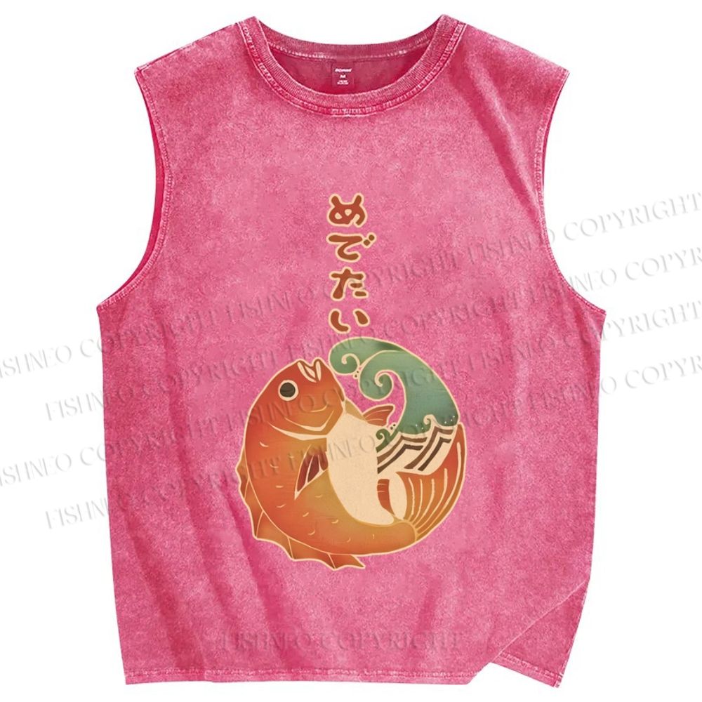 Unisex Vintage Japanese Koi Fish Printed Washed Tank Top