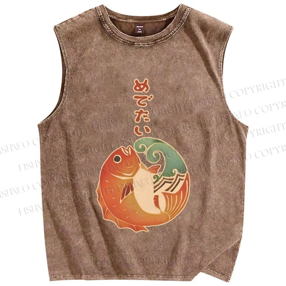 Unisex Vintage Japanese Koi Fish Printed Washed Tank Top