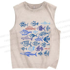 Unisex Vintage Fish Printed Washed Tank Top