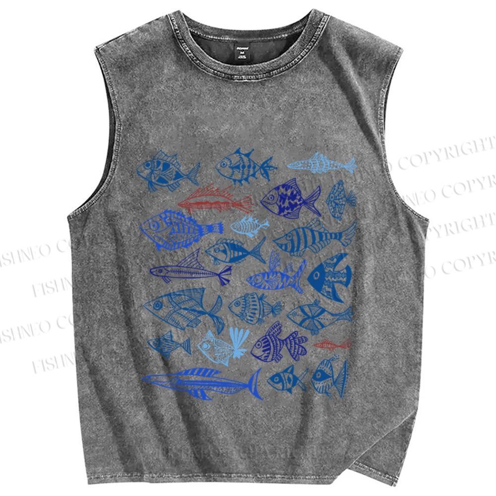 Unisex Vintage Fish Printed Washed Tank Top