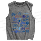 Unisex Vintage Fish Printed Washed Tank Top