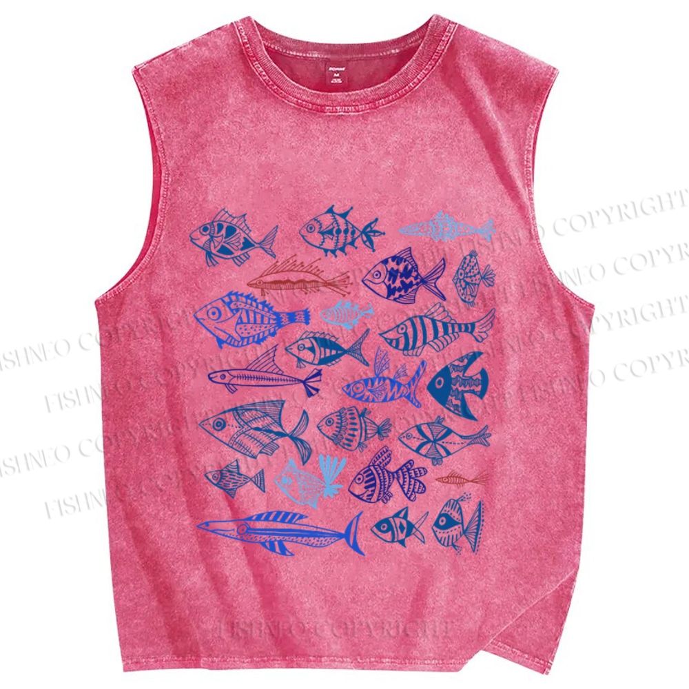 Unisex Vintage Fish Printed Washed Tank Top