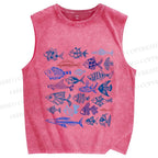 Unisex Vintage Fish Printed Washed Tank Top