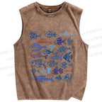 Unisex Vintage Fish Printed Washed Tank Top