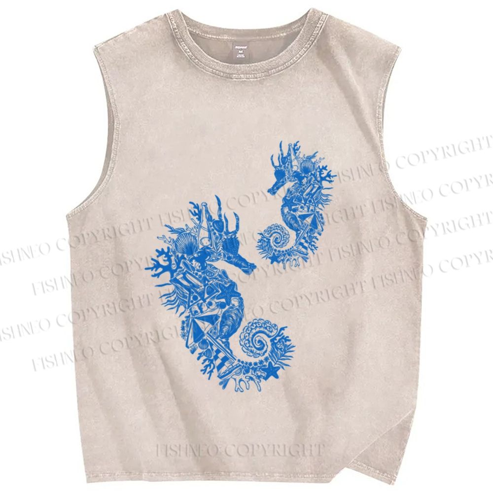 Unisex Vintage Seahorse Printed Washed Tank Top