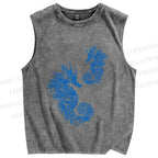 Unisex Vintage Seahorse Printed Washed Tank Top