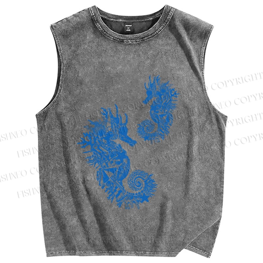 Unisex Vintage Seahorse Printed Washed Tank Top