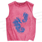 Unisex Vintage Seahorse Printed Washed Tank Top
