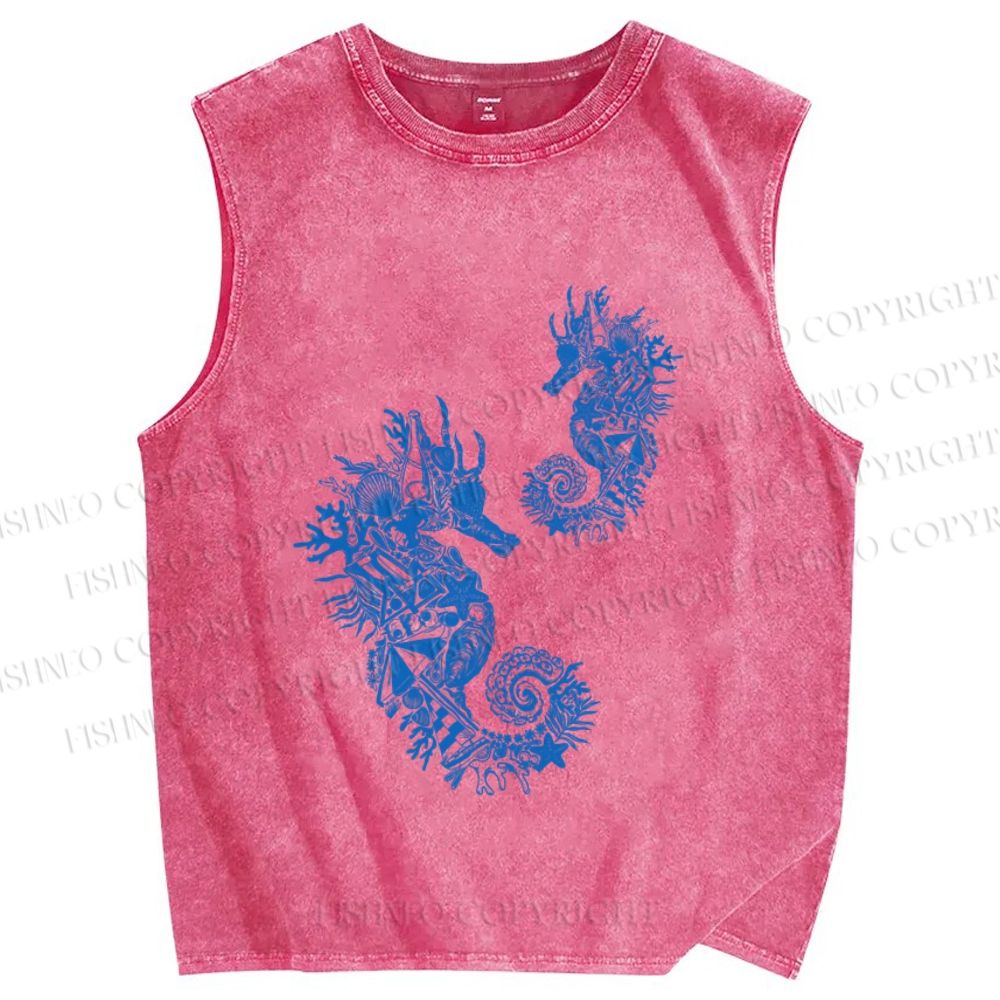 Unisex Vintage Seahorse Printed Washed Tank Top