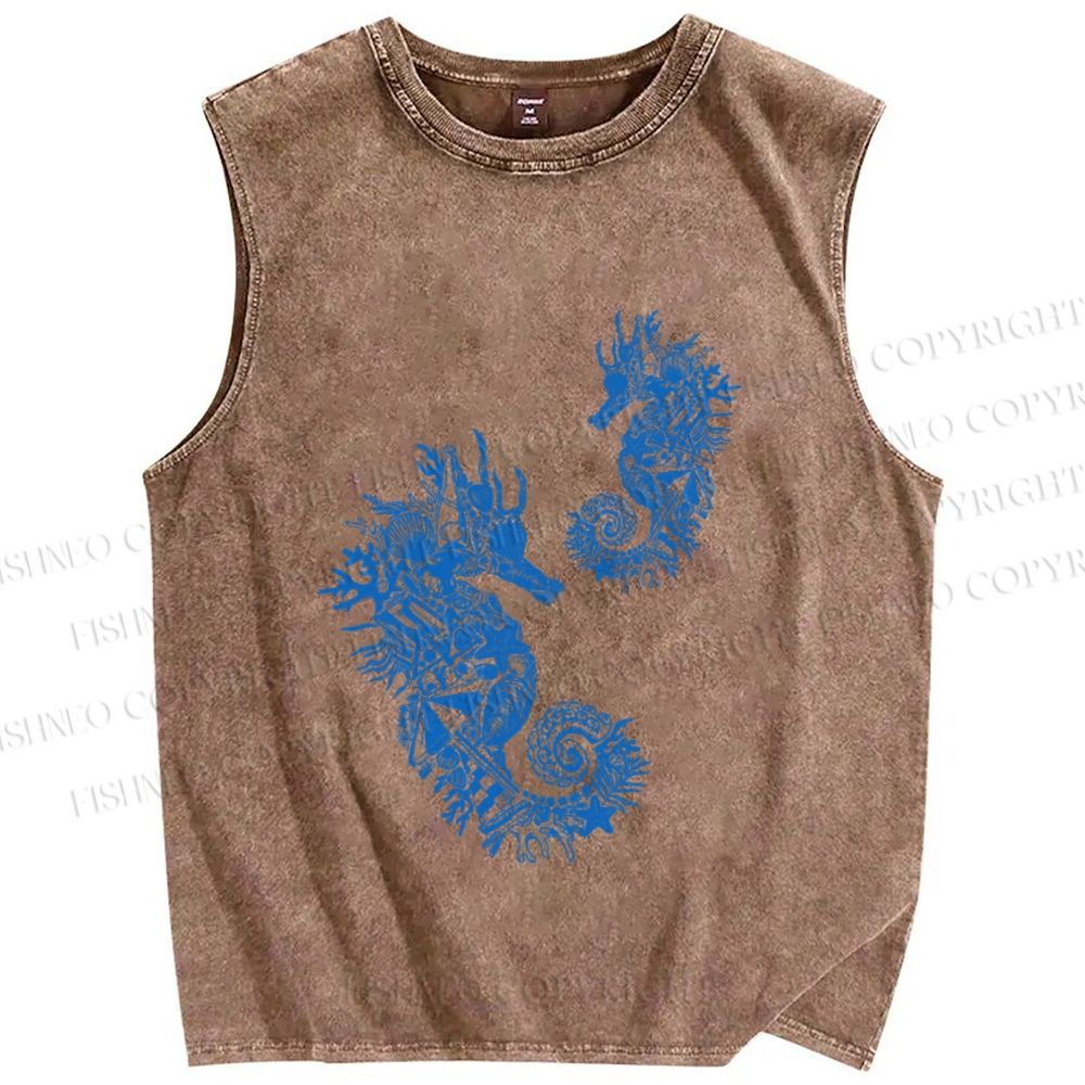 Unisex Vintage Seahorse Printed Washed Tank Top