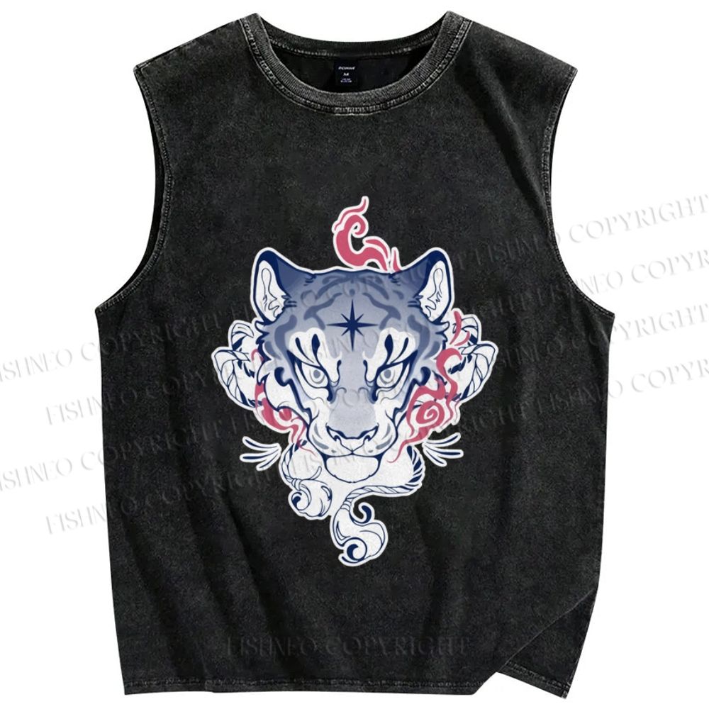 Unisex Furry Tiger Printed Washed Tank Top