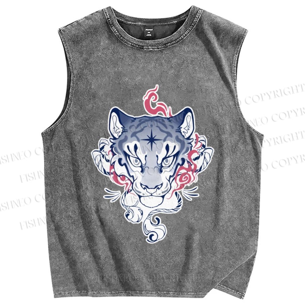 Unisex Furry Tiger Printed Washed Tank Top