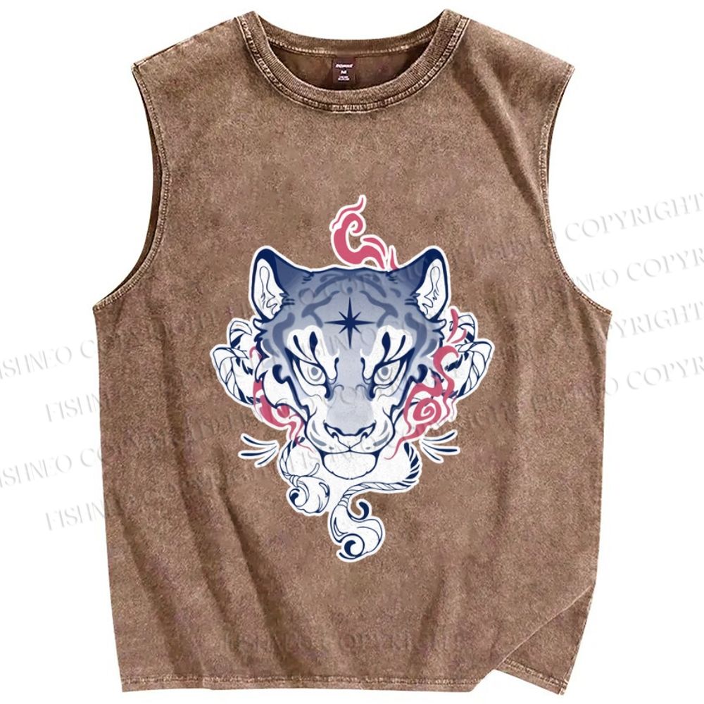 Unisex Furry Tiger Printed Washed Tank Top