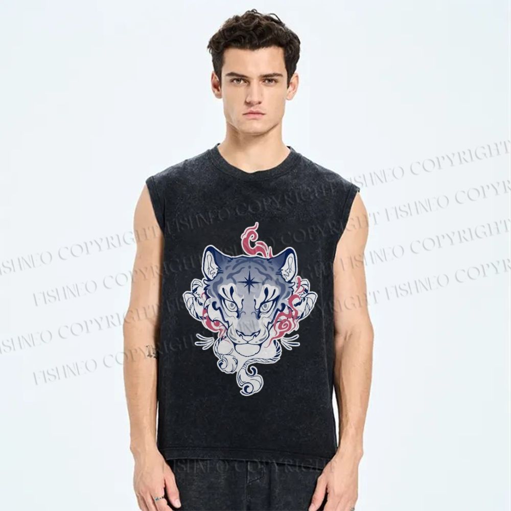 Unisex Furry Tiger Printed Washed Tank Top