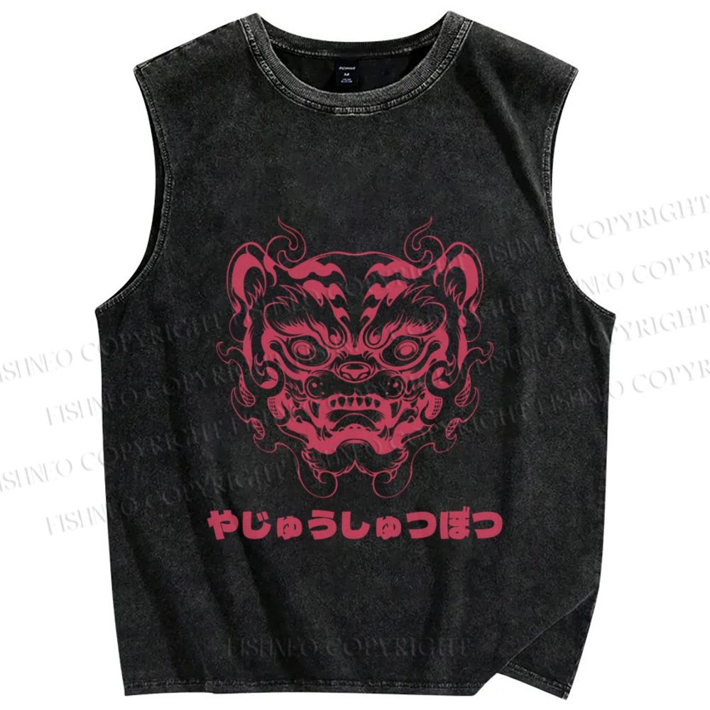 Unisex Vintage Oldschool Tiger Printed Washed Tank Top