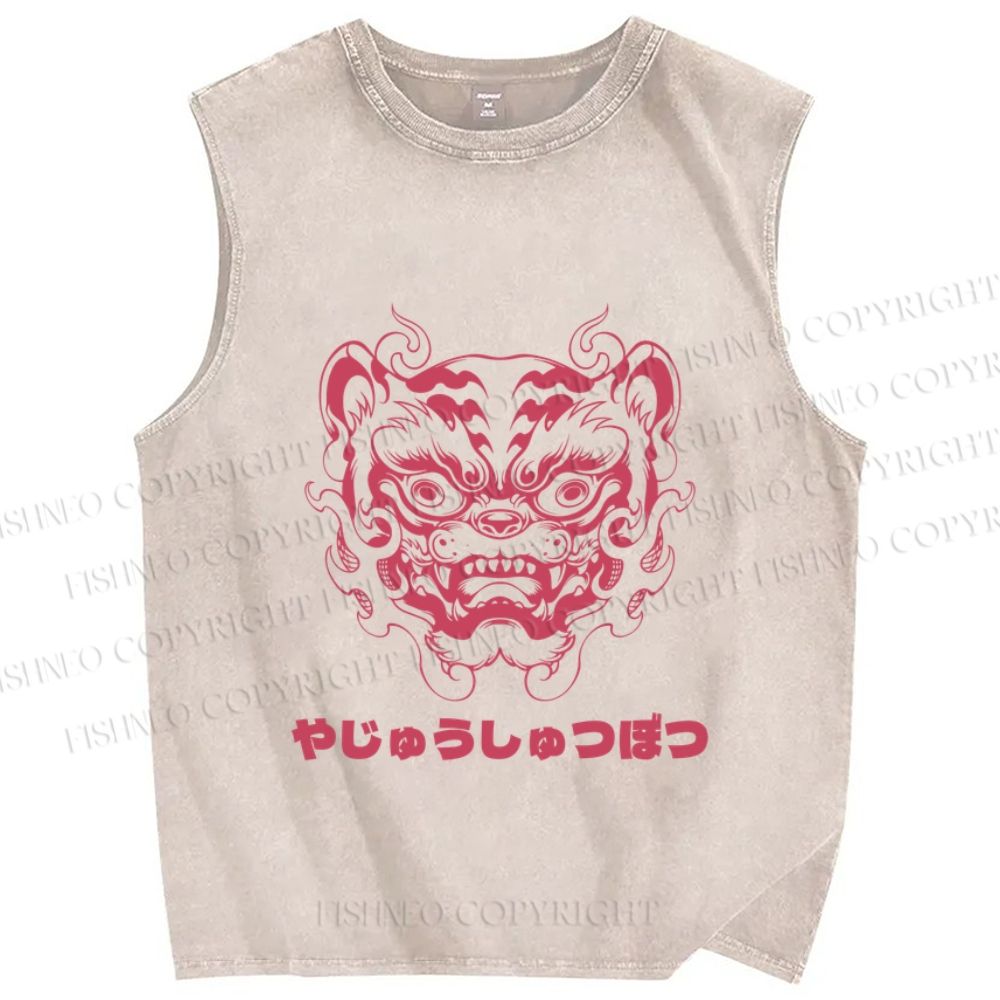 Unisex Vintage Oldschool Tiger Printed Washed Tank Top