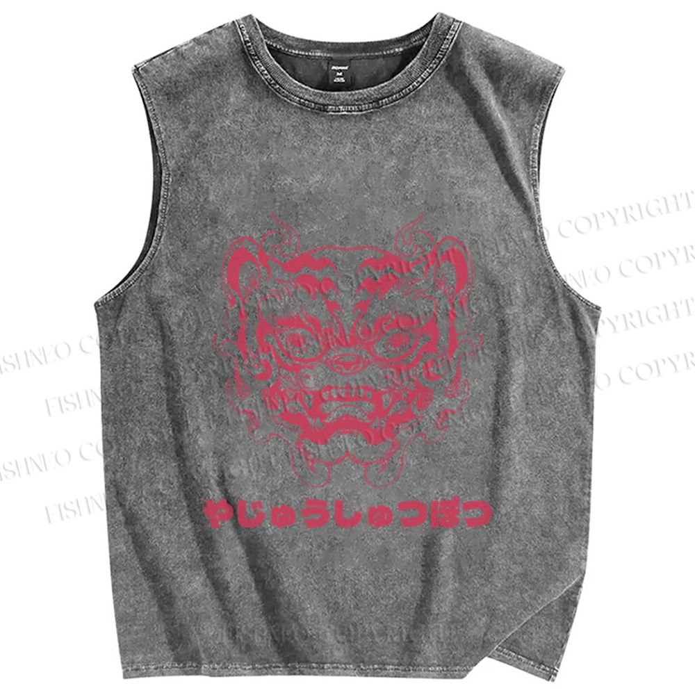 Unisex Vintage Oldschool Tiger Printed Washed Tank Top