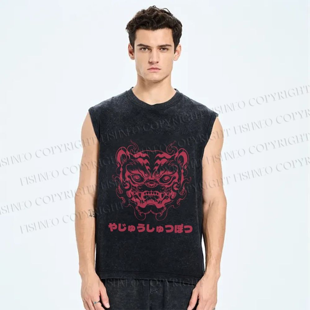 Unisex Vintage Oldschool Tiger Printed Washed Tank Top