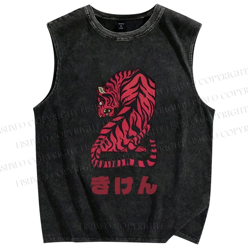 Unisex Vintage Japanese Tiger Printed Washed Tank Top