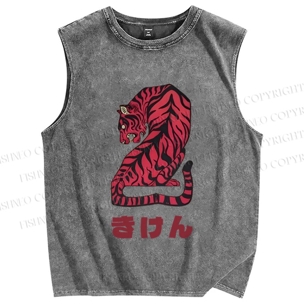 Unisex Vintage Japanese Tiger Printed Washed Tank Top