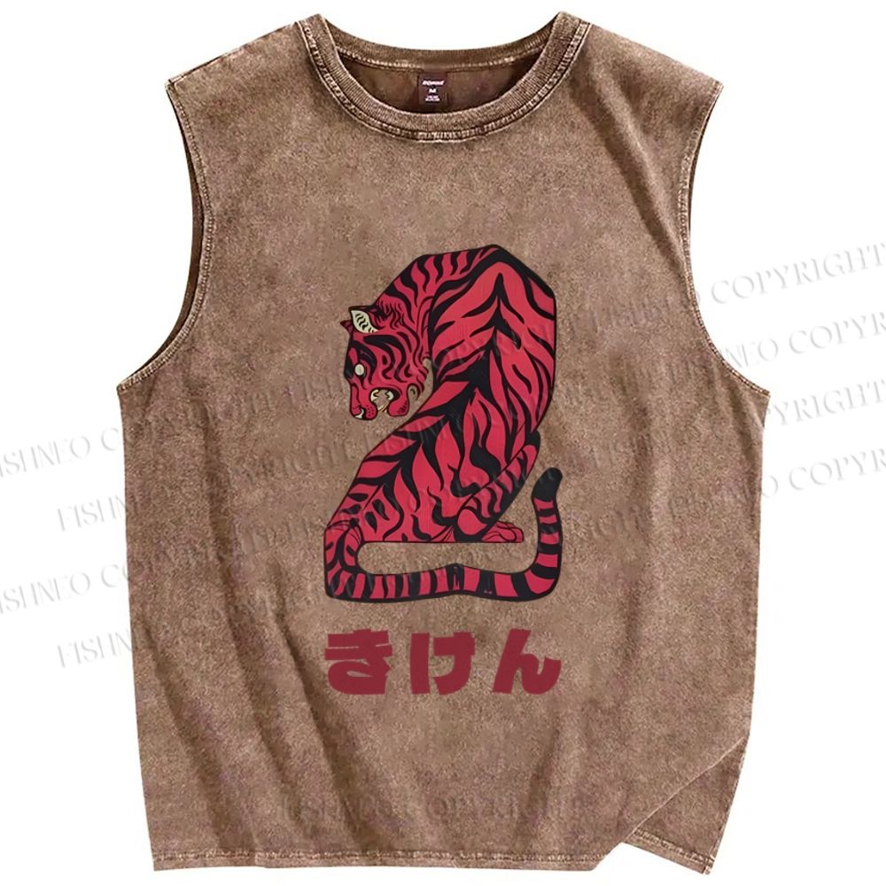 Unisex Vintage Japanese Tiger Printed Washed Tank Top