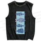 Unisex Fish Printed Washed Tank Top