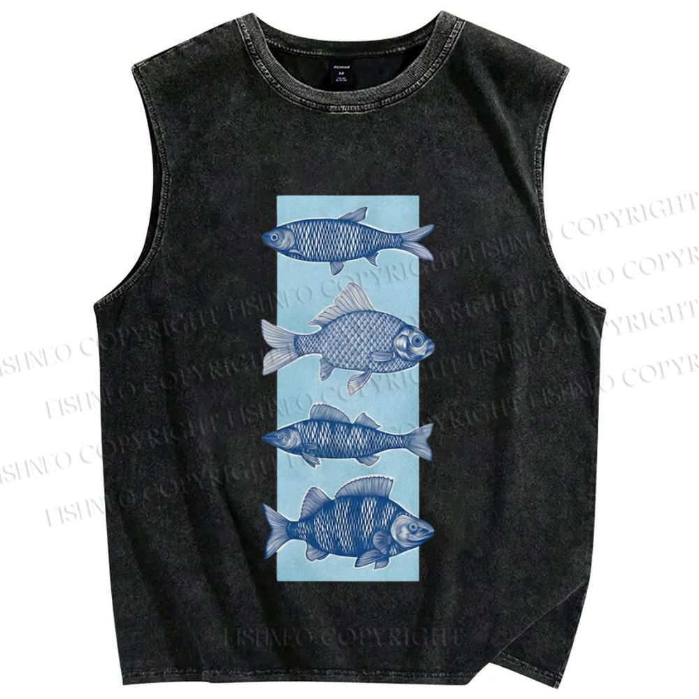Unisex Fish Printed Washed Tank Top