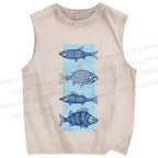 Unisex Fish Printed Washed Tank Top