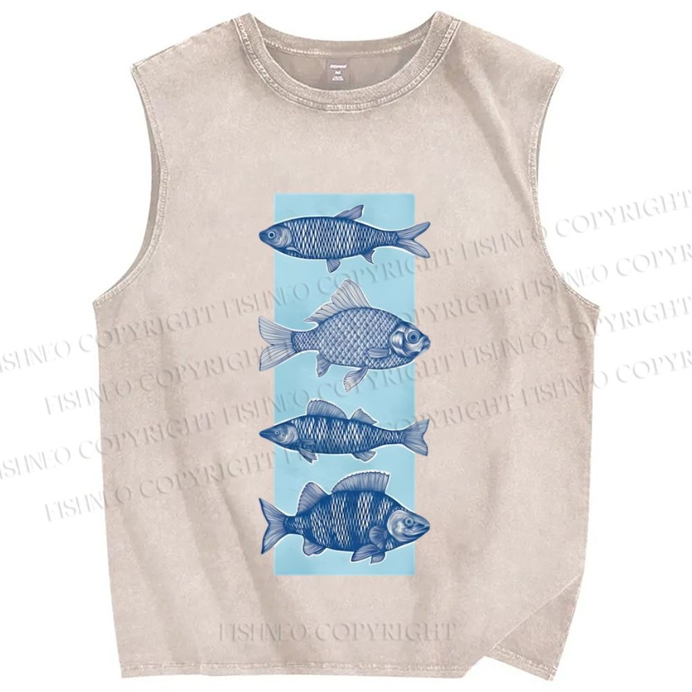 Unisex Fish Printed Washed Tank Top