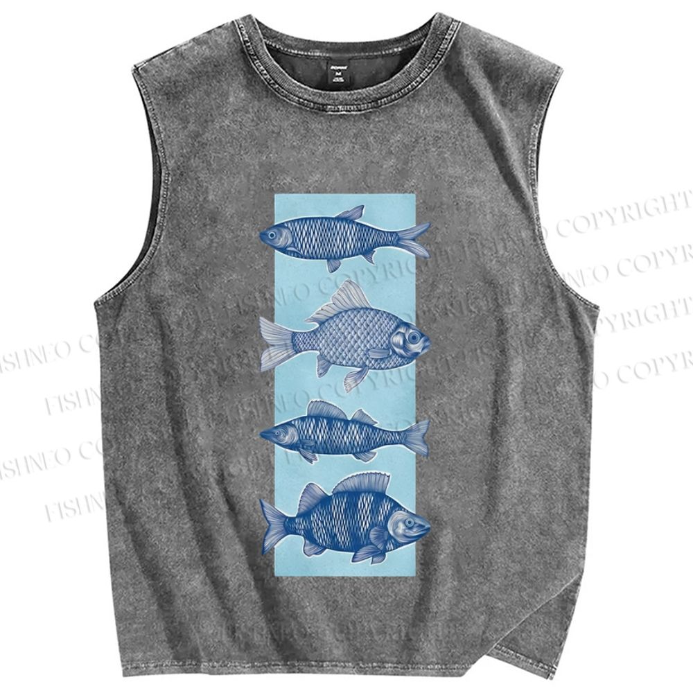 Unisex Fish Printed Washed Tank Top