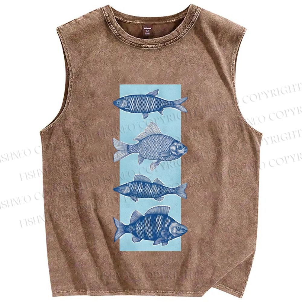 Unisex Fish Printed Washed Tank Top