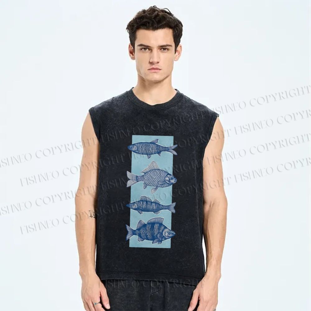 Unisex Fish Printed Washed Tank Top