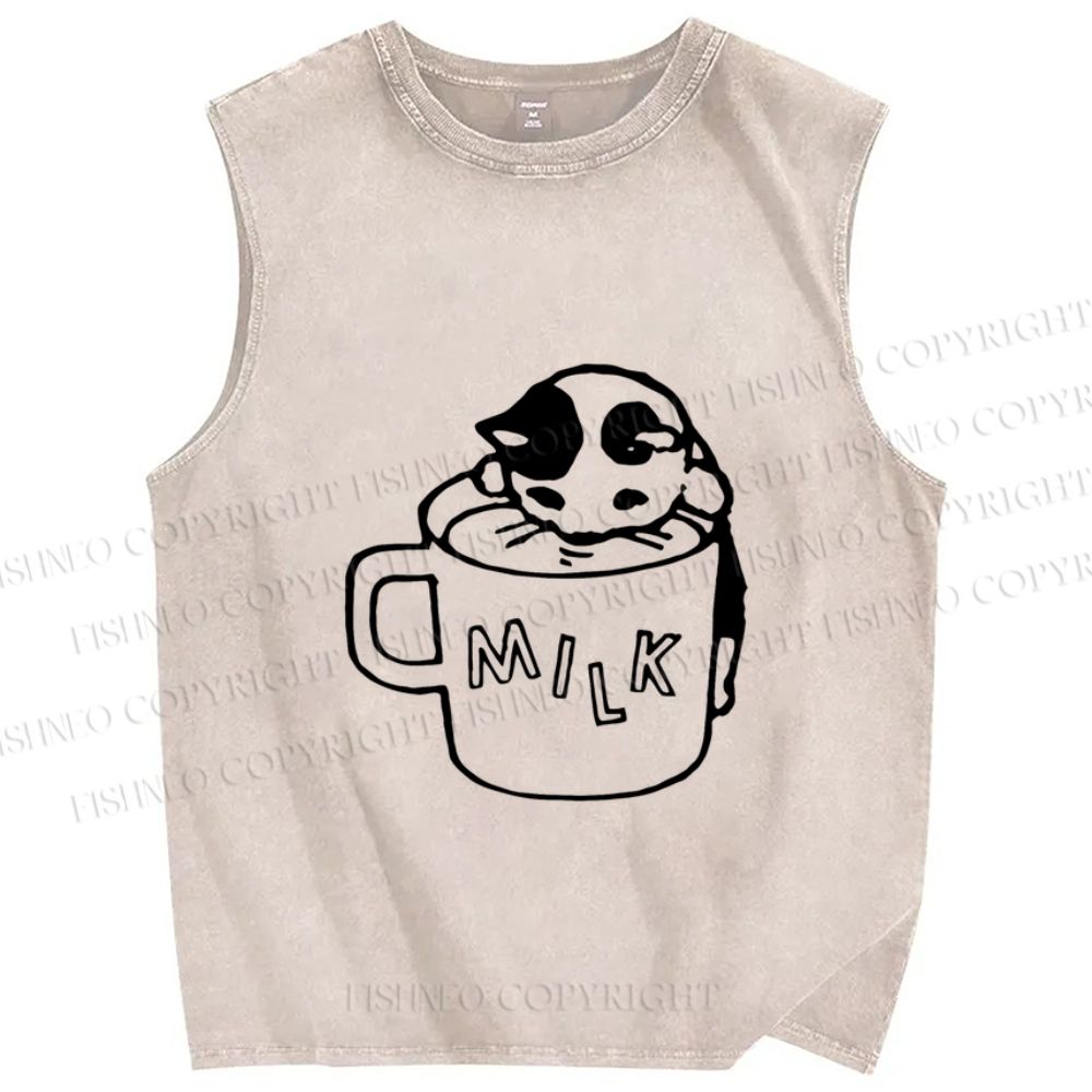Unisex Cat Milk Printed Washed Tank Top
