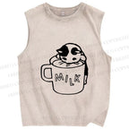 Unisex Cat Milk Printed Washed Tank Top