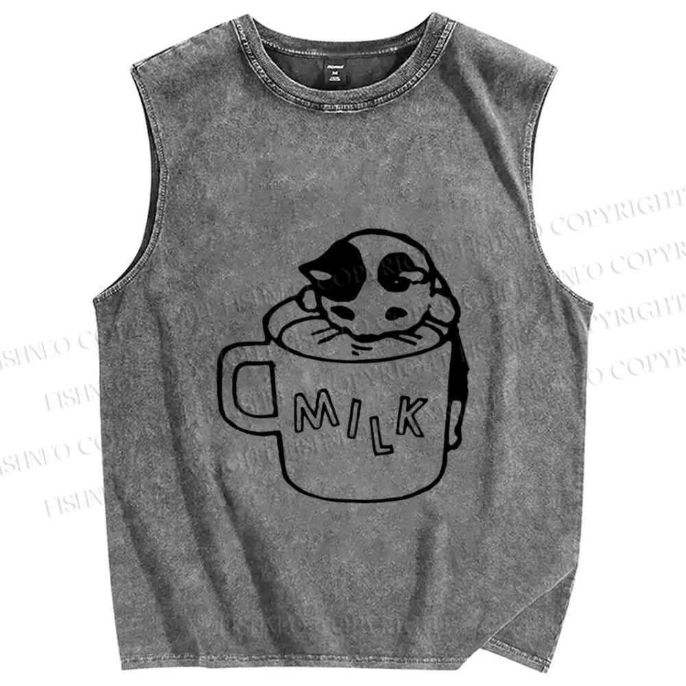 Unisex Cat Milk Printed Washed Tank Top