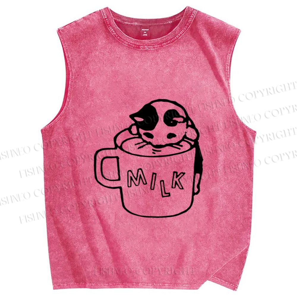 Unisex Cat Milk Printed Washed Tank Top