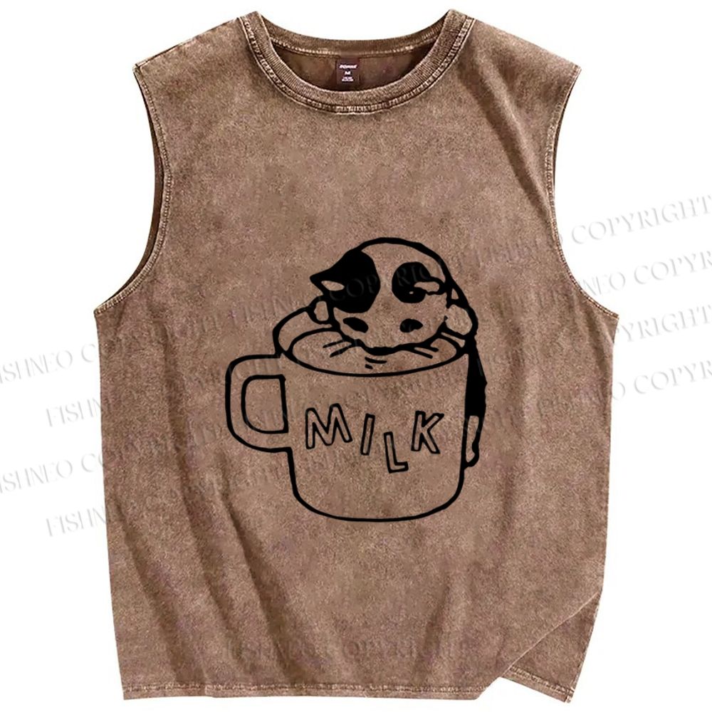 Unisex Cat Milk Printed Washed Tank Top