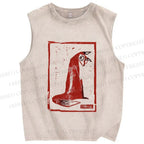 Unisex Vintage Fox Stamp Style Printed Washed Tank Top