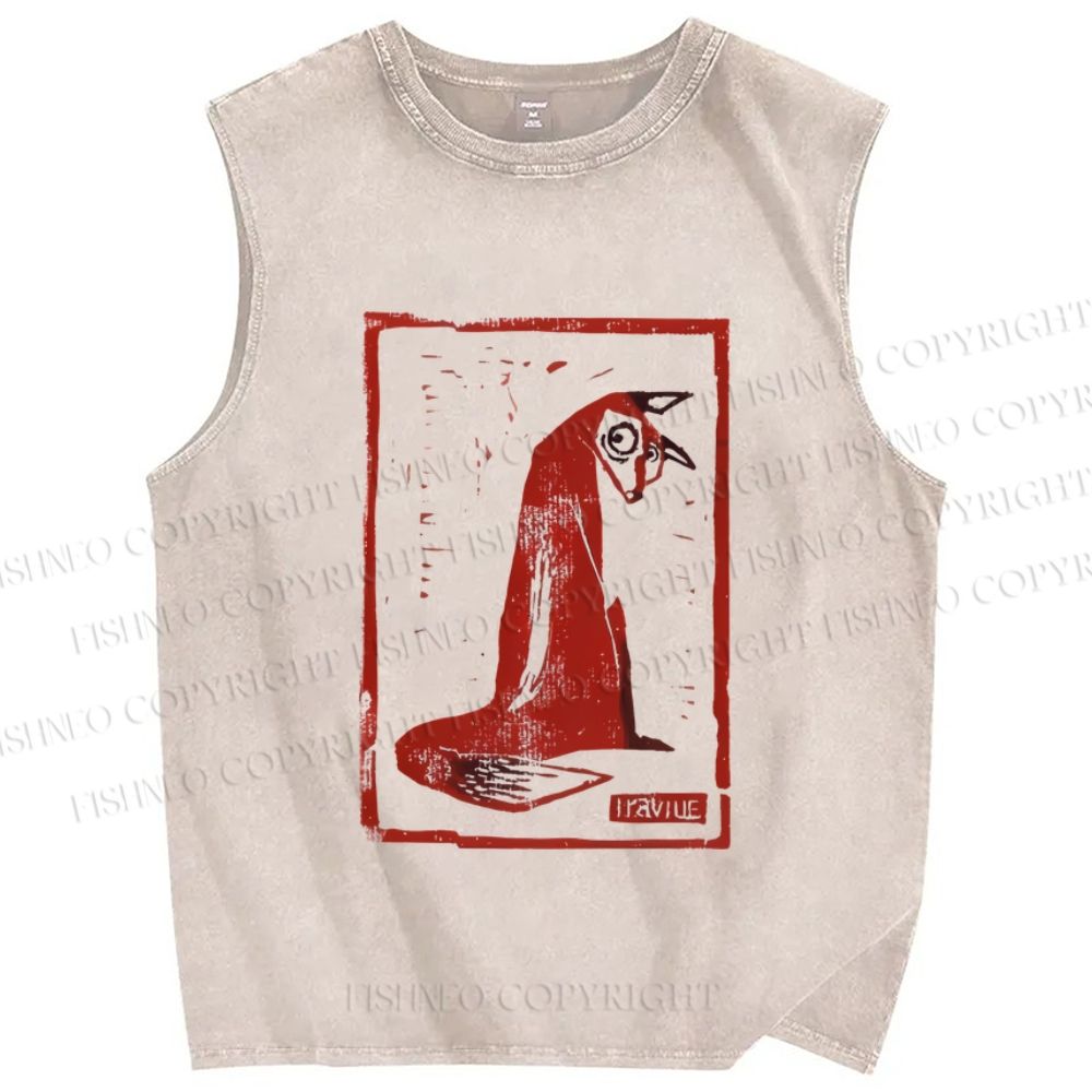 Unisex Vintage Fox Stamp Style Printed Washed Tank Top
