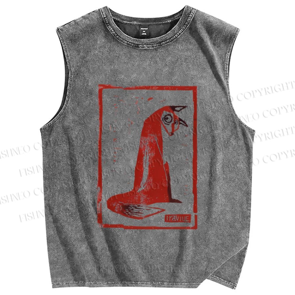 Unisex Vintage Fox Stamp Style Printed Washed Tank Top